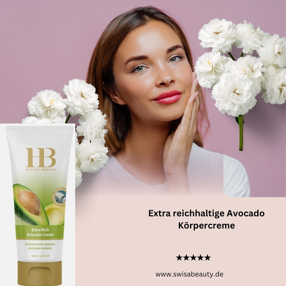 Extra reichhaltige Avocado Körpercreme - Swisa Beauty - Totes Meersalz Produkte für gesunde Haut